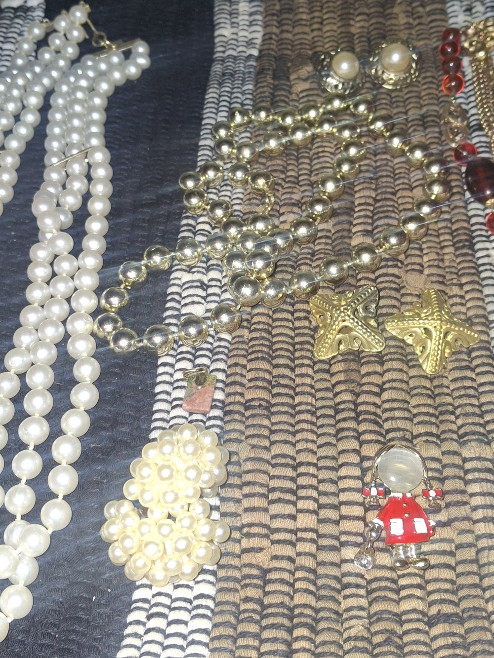 Pearl and Gold-Tone Bead Necklace Set with Red Enamel Charm